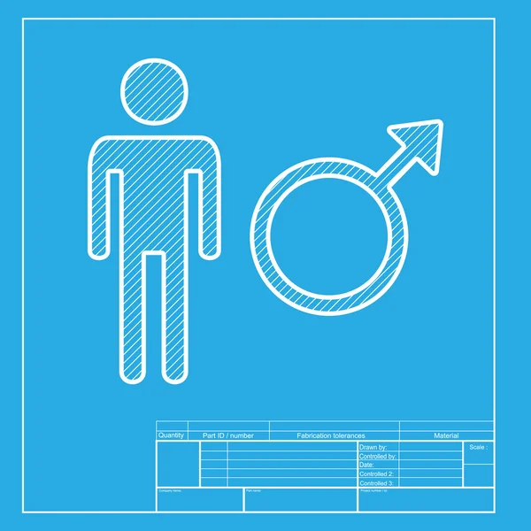 Male sign illustration. White section of icon on blueprint template. — Stock Vector