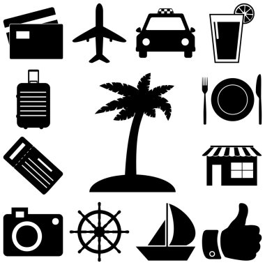 Seyahat ve tatil işaretleri ayarlayın. Vektör çizim
