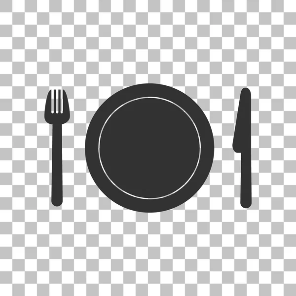Forchetta, piatto e coltello. Icona grigio scuro su sfondo trasparente . — Vettoriale Stock