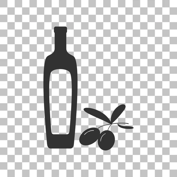 Schwarzer Olivenzweig mit Olivenölflaschenschild. dunkelgraues Symbol auf transparentem Hintergrund. — Stockvektor