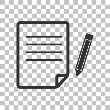 Kağıt ve kalem işareti. Saydam arka plan üzerinde koyu gri simgesi.