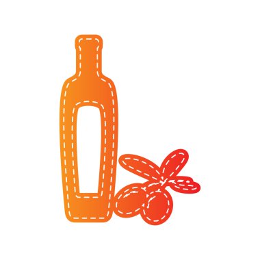 Siyah Zeytin dalı zeytinyağı şişesi işareti ile. Turuncu aplike izole.