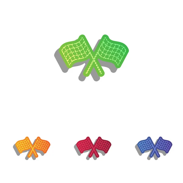 Drapeaux à carreaux croisés logo agitant dans le vent conceptuel du sport automobile. Ensemble d'icônes applicatives colorées . — Image vectorielle
