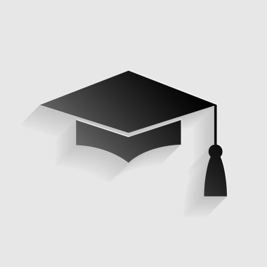 Harç Kurulu veya Mezuniyet Şapkası, Eğitim sembolü. Gri arka planda gölgesi olan siyah kağıt.
