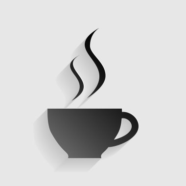 Bir fincan kahve işareti. Gri arka planda gölgesi olan siyah kağıt.