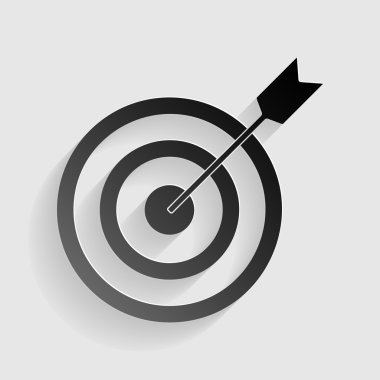 Dart ile hedef. Gölgeli gri arka plan üzerinde siyah kağıt.