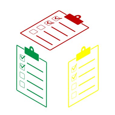 Denetim listesi işareti illüstrasyon. Kırmızı, yeşil ve sarı simge izometrik tarzı.