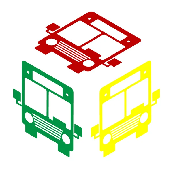 Buss tecken illustration. Isometrisk stil av röda, gröna och gula ikonen. — Stock vektor