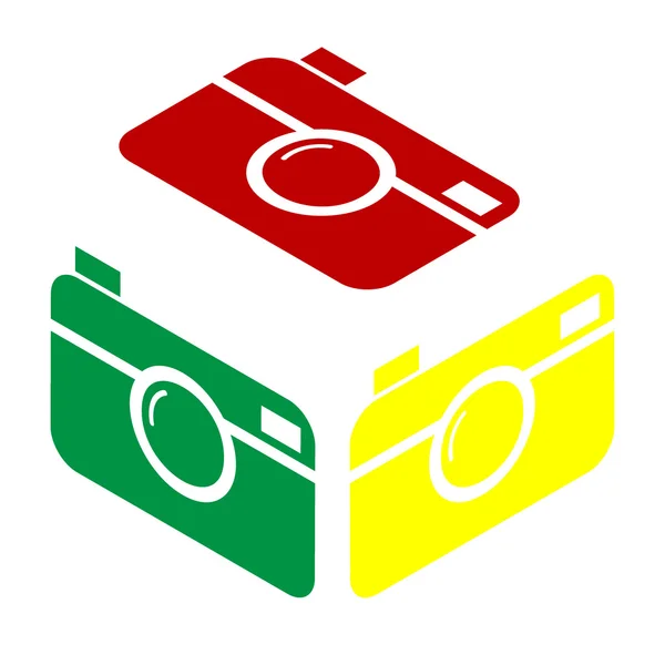 Знак цифровой фотокамеры. Изометрический стиль иконки: красный, зеленый и желтый . — стоковый вектор