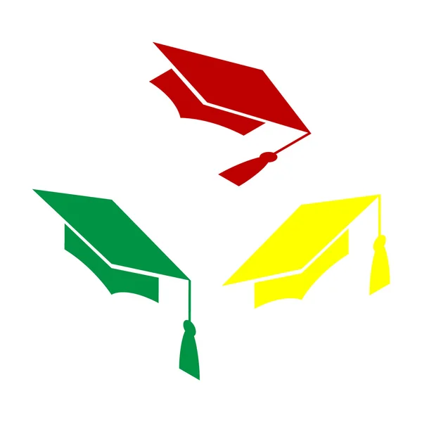 Mörtelbrett oder Abschlussmütze, Bildungssymbol. isometrischer Stil mit rotem, grünem und gelbem Symbol. — Stockvektor