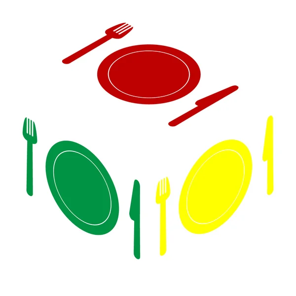 Tenedor, plato y cuchillo. Estilo isométrico de icono rojo, verde y amarillo . — Archivo Imágenes Vectoriales