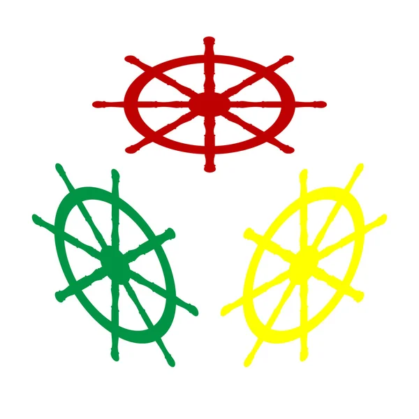 Sinal da roda do navio. Estilo isométrico do ícone vermelho, verde e amarelo . —  Vetores de Stock