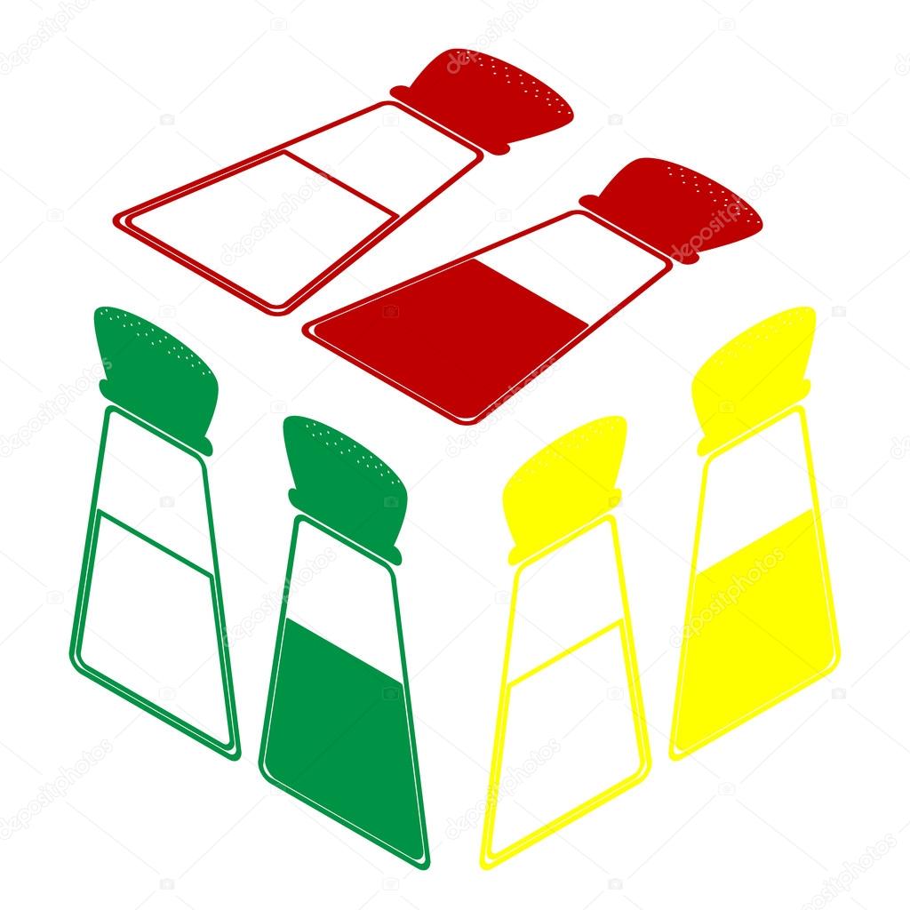 Salt and pepper sign. Isometric style of red, green and yellow icon.