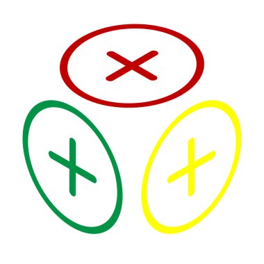 Pozitif sembol artı işareti. Kırmızı, yeşil ve sarı simge izometrik tarzı.