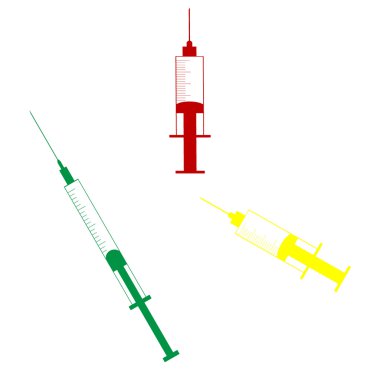 Şırınga işareti illüstrasyon. Kırmızı, yeşil ve sarı simge izometrik tarzı.