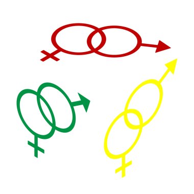 Seks sembolü işareti. Kırmızı, yeşil ve sarı simge izometrik tarzı.