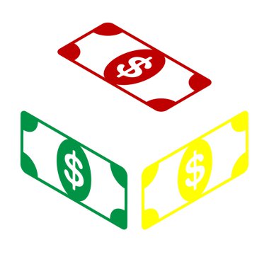 Banknot dolar işareti. Kırmızı, yeşil ve sarı simge izometrik tarzı.