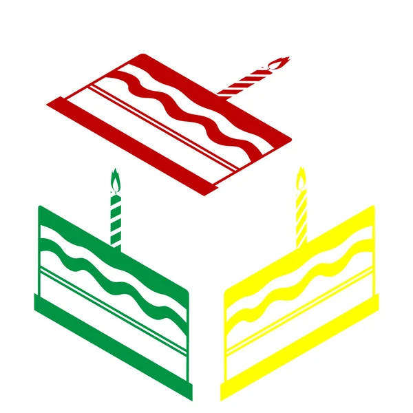 Születésnapi torta jele. Izometrikus stílusú vörös, zöld és sárga ikon. — Stock Vector