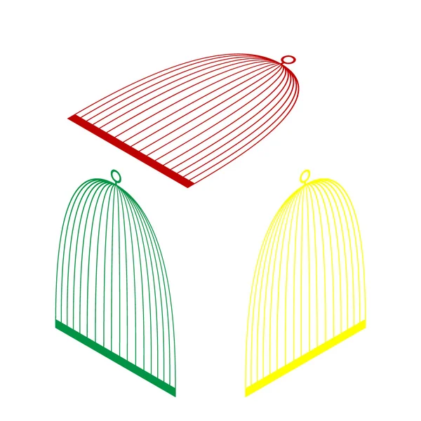 Vogel kooi teken. Isometrische stijl van rode, groene en gele pictogram. — Stockvector
