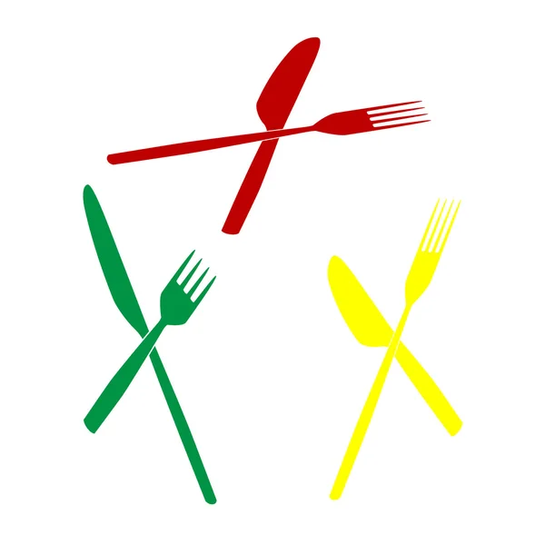 Gabel- und Messerschild. isometrischer Stil mit rotem, grünem und gelbem Symbol. — Stockvektor