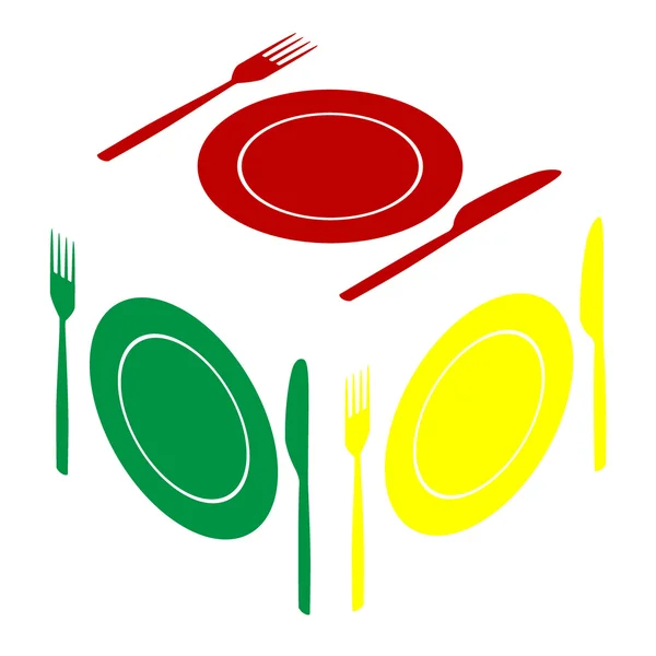 Tenedor, cinta adhesiva y signo de cuchillo. Estilo isométrico de icono rojo, verde y amarillo . — Archivo Imágenes Vectoriales