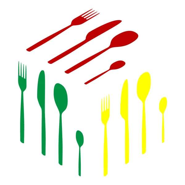 Ложка вилки и знак ножа. Изометрический стиль иконки: красный, зеленый и желтый . — стоковый вектор