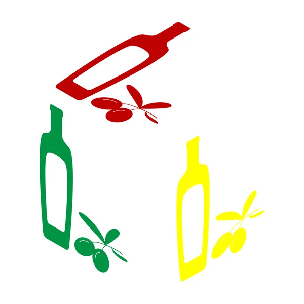 Ramo de azeitonas pretas com sinal de garrafa de azeite. Estilo isométrico do ícone vermelho, verde e amarelo . —  Vetores de Stock