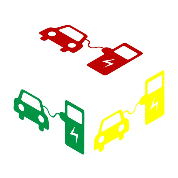 Cartel de carga de batería de coche eléctrico. Estilo isométrico de icono rojo, verde y amarillo . — Vector de stock