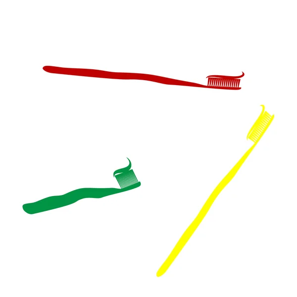Brosse à dents avec partie dentifrice appliquée. Style isométrique d'icône rouge, verte et jaune . — Image vectorielle