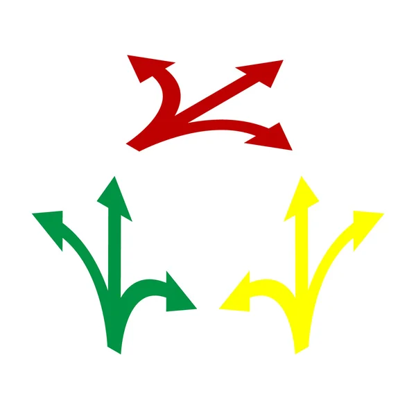 Drei-Wege-Richtungspfeil. isometrischer Stil mit rotem, grünem und gelbem Symbol. — Stockvektor