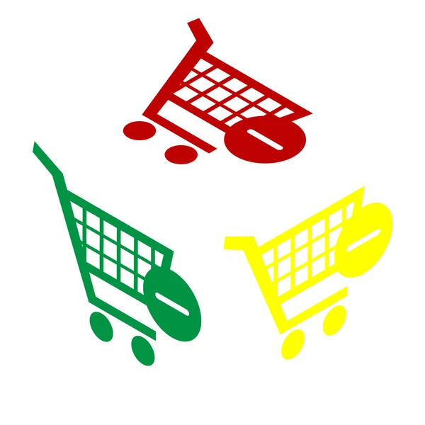 Vector Carro de compras con Eliminar signo. Estilo isométrico de icono rojo, verde y amarillo . — Vector de stock