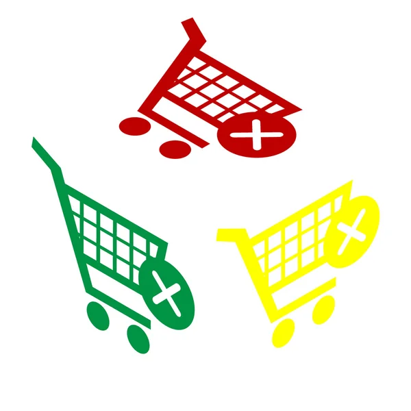 Shopping Cart with delete sign. Изометрический стиль иконки: красный, зеленый и желтый . — стоковый вектор