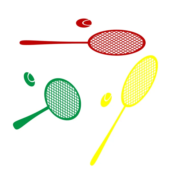 Semn de rachetă de tenis. Stilul izometric al icoanei roșii, verzi și galbene . — Vector de stoc