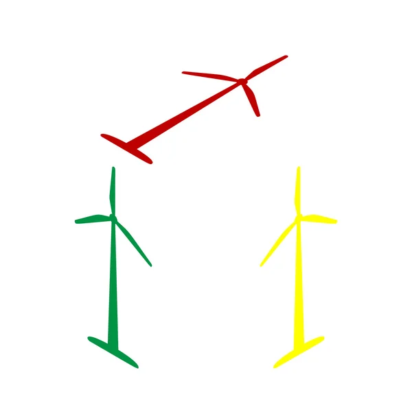 Szél turbina logo vagy megjelölés. Izometrikus stílusú vörös, zöld és sárga ikon. — Stock Vector