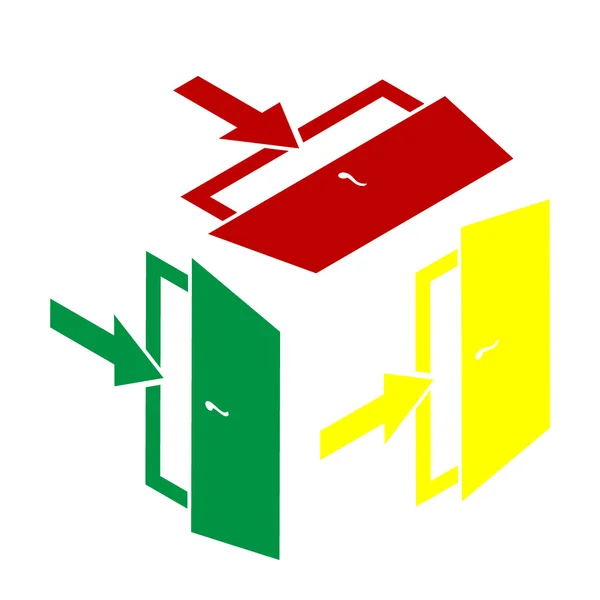 Señal de salida de la puerta. Estilo isométrico de icono rojo, verde y amarillo . — Vector de stock