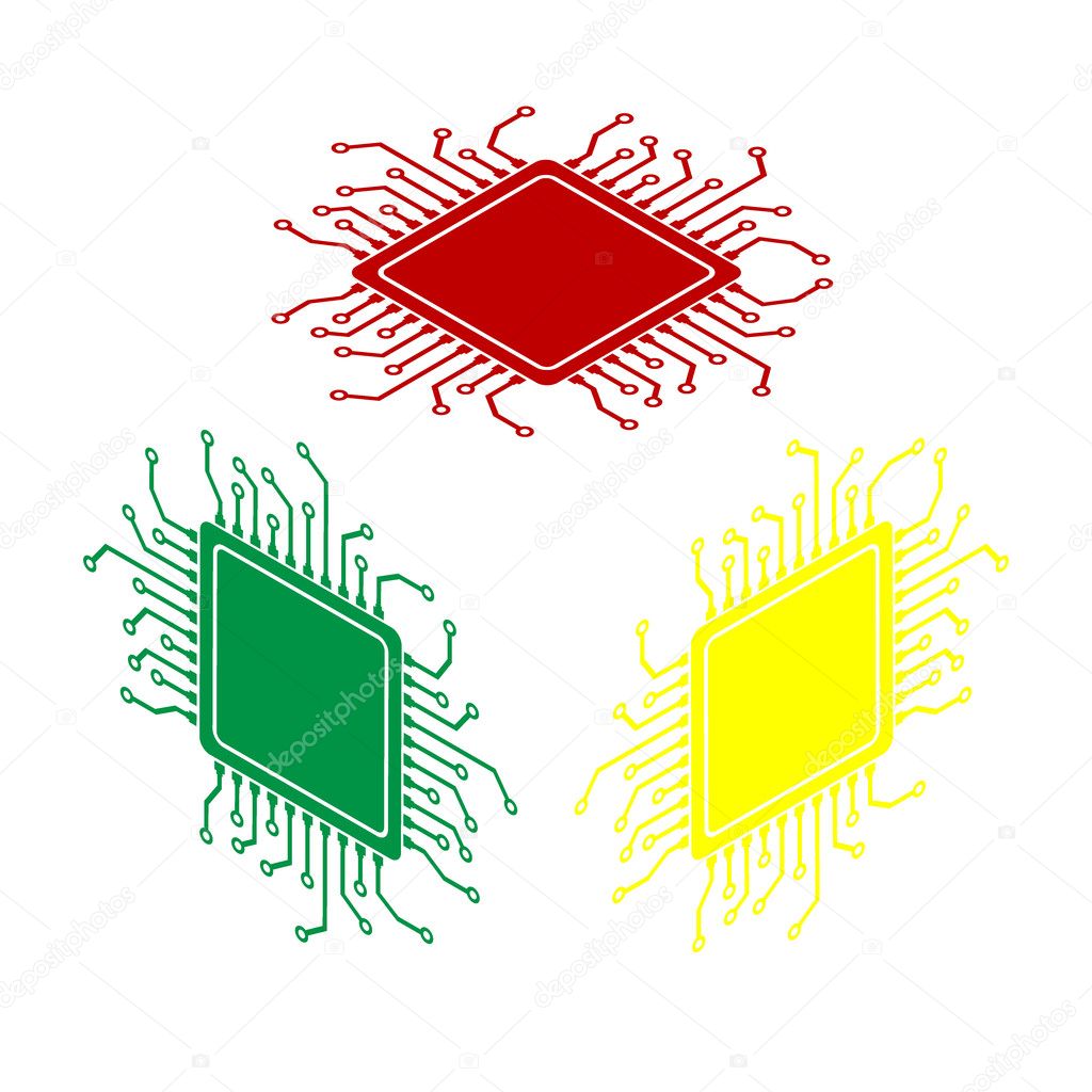 CPU Microprocessor illustration. Isometric style of red, green and yellow icon.