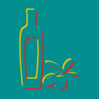Zeytin yağı şişesi işaretli siyah zeytin dalı. Pseudo 3d kabartmalı sitrin ve Pers kırmızı renkleriyle koyu cyan arkaplan.