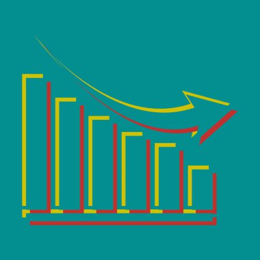 Grafik işareti azalıyor. Pseudo 3d kabartmalı sitrin ve Pers kırmızısı renkli koyu renkli siyanür arkaplan. Görüntü.