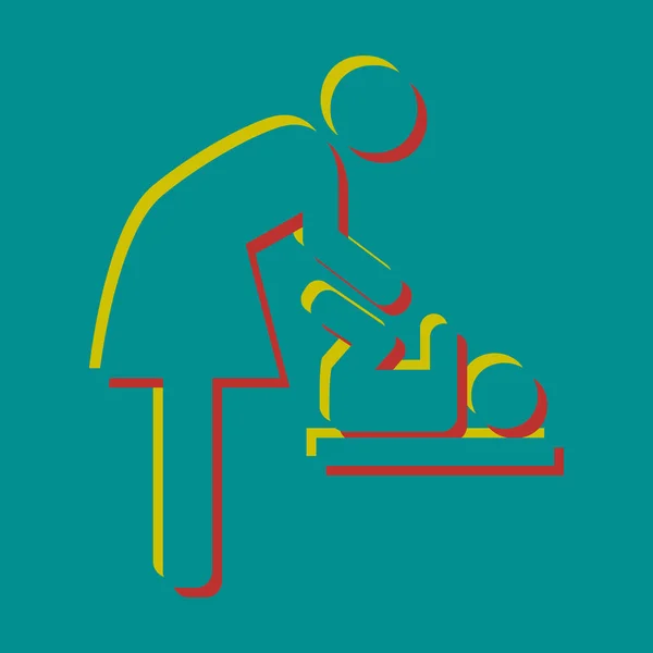 Les femmes et le symbole du bébé, le changement de bébé. Icône en relief pseudo 3d avec citrine et couleurs rouge persan sur fond cyan foncé. Illustration. — Image vectorielle