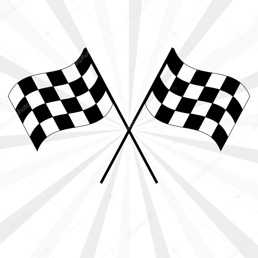 Crossed black and white checkered flags logo waving in the wind conceptual of motor sport, isolated on white