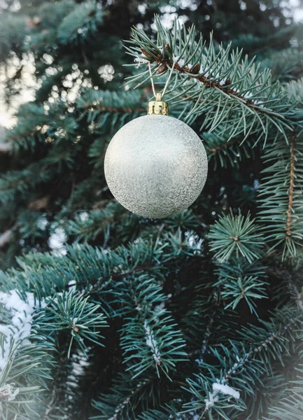 Ασημένιο Χριστουγεννιάτικο Παιχνίδι Διακοσμούν Χριστουγεννιάτικο Δέντρο — Φωτογραφία Αρχείου