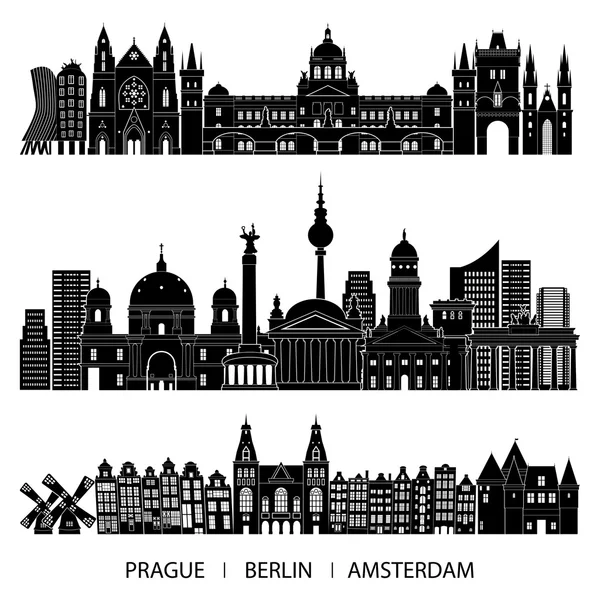 Panoramę zestaw Praga, Berlin, Amsterdam — Wektor stockowy