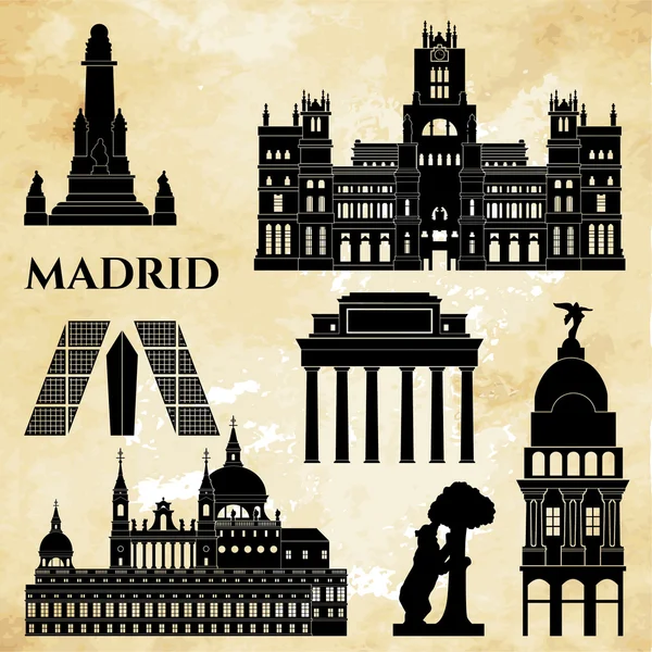 Monumentos de Madrid silueta detallada . — Vector de stock