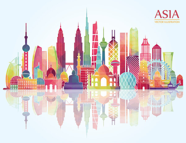 Asia skyline detailed silhouette.