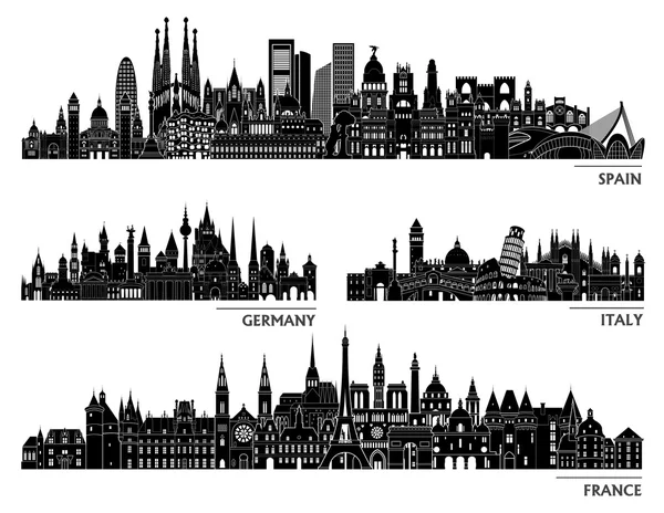 Ensemble silhouette détaillée ville skyline — Image vectorielle