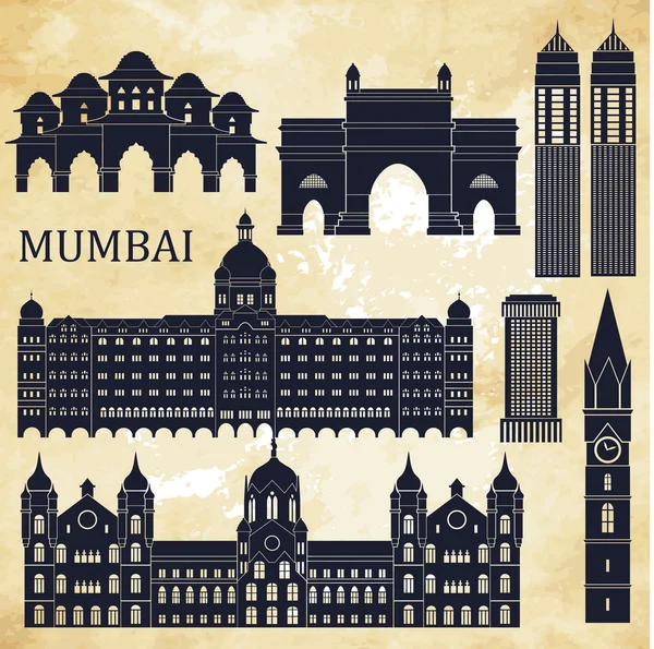 Mumbai monumenti silhouette . — Vettoriale Stock