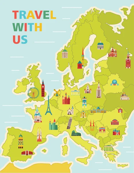 Europa kaart met beroemde monumenten — Stockvector
