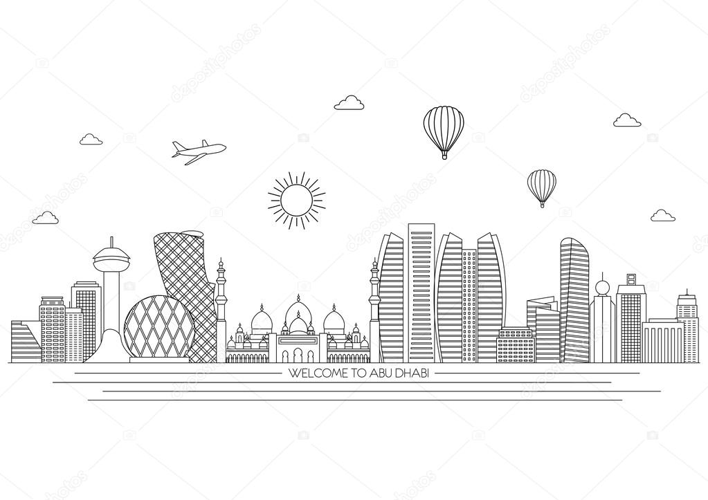 Abu Dhabi detailed skyline. Travel and tourism background. Vector background. line illustration. Line art style