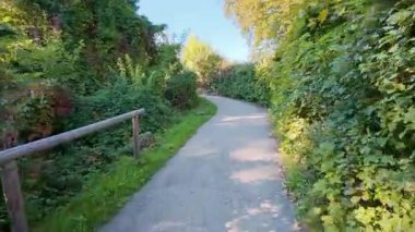 SALZBURG, AUSTRIA ECTOBER 03, 2025: yemyeşil ağaçlar ve yoğun bitki örtüsü arasında dolanan dar bir yaya yolu manzarası. Çakıl yolu, halka açık bir park alanında gün ışığı altında sık çalılar ve yapraklarla çevrilidir..