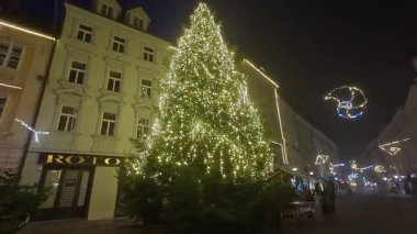 Geceleyin tarihi belediye binasının önünde büyük süslü bir Noel ağacı duruyor. Sahne, sıcak festival ışıkları ve tatil süslemeleriyle aydınlatıldı..